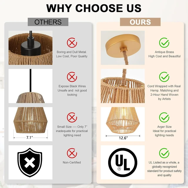 Alt view image 2 of 7 - Woven Pendant Lights Hanging Lamp with 12" Hand Rattan Basket Shade Antique Brass Brush Paint Finish for Kitchen Island Farmhouse Dining Room Bar Bedroom Foyer Hallway