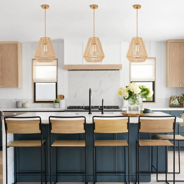 Alt view image 3 of 7 - Woven Pendant Lights Hanging Lamp with 12" Hand Rattan Basket Shade Antique Brass Brush Paint Finish for Kitchen Island Farmhouse Dining Room Bar Bedroom Foyer Hallway