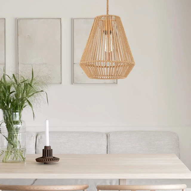 Alt view image 4 of 7 - Woven Pendant Lights Hanging Lamp with 12" Hand Rattan Basket Shade Antique Brass Brush Paint Finish for Kitchen Island Farmhouse Dining Room Bar Bedroom Foyer Hallway