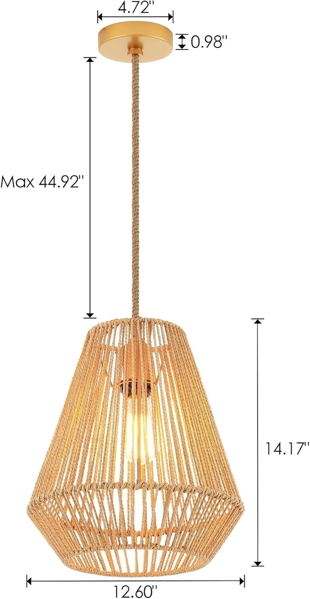 Alt view image 6 of 7 - Woven Pendant Lights Hanging Lamp with 12" Hand Rattan Basket Shade Antique Brass Brush Paint Finish for Kitchen Island Farmhouse Dining Room Bar Bedroom Foyer Hallway