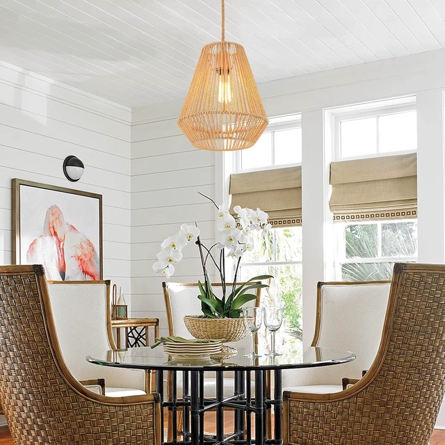 Alt view image 5 of 7 - Woven Pendant Lights Hanging Lamp with 12" Hand Rattan Basket Shade Antique Brass Brush Paint Finish for Kitchen Island Farmhouse Dining Room Bar Bedroom Foyer Hallway