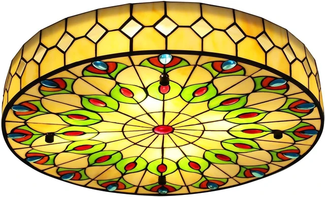 Main image of DNYSYSJ Tiffany Ceiling Lamp,Peacock-Inspired Flush Mount Round Ceiling Light Fixtures, 20-inch Vintage Stained Glass Chandelier with Mother of Pearl,for Living Room/Bedroom/Hallway