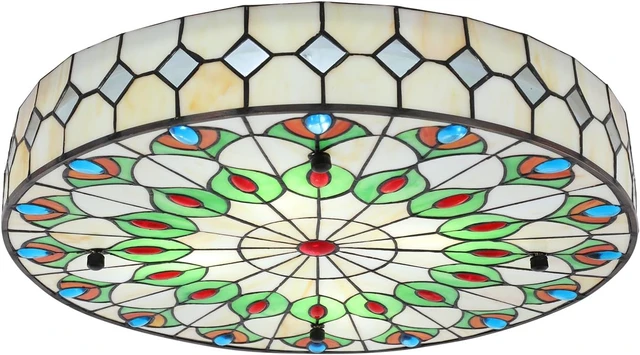 Alt view image 4 of 7 - DNYSYSJ Tiffany Ceiling Lamp,Peacock-Inspired Flush Mount Round Ceiling Light Fixtures, 20-inch Vintage Stained Glass Chandelier with Mother of Pearl,for Living Room/Bedroom/Hallway
