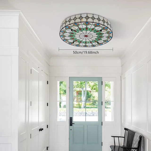 Alt view image 2 of 7 - DNYSYSJ Tiffany Ceiling Lamp,Peacock-Inspired Flush Mount Round Ceiling Light Fixtures, 20-inch Vintage Stained Glass Chandelier with Mother of Pearl,for Living Room/Bedroom/Hallway