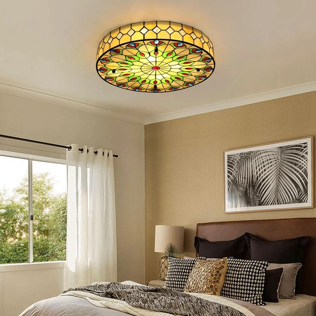 Alt view image 3 of 7 - DNYSYSJ Tiffany Ceiling Lamp,Peacock-Inspired Flush Mount Round Ceiling Light Fixtures, 20-inch Vintage Stained Glass Chandelier with Mother of Pearl,for Living Room/Bedroom/Hallway