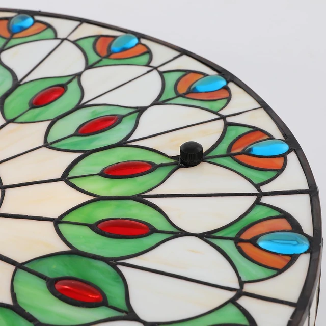 Alt view image 5 of 7 - DNYSYSJ Tiffany Ceiling Lamp,Peacock-Inspired Flush Mount Round Ceiling Light Fixtures, 20-inch Vintage Stained Glass Chandelier with Mother of Pearl,for Living Room/Bedroom/Hallway