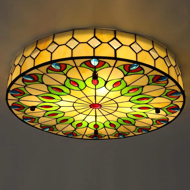Alt view image 6 of 7 - DNYSYSJ Tiffany Ceiling Lamp,Peacock-Inspired Flush Mount Round Ceiling Light Fixtures, 20-inch Vintage Stained Glass Chandelier with Mother of Pearl,for Living Room/Bedroom/Hallway
