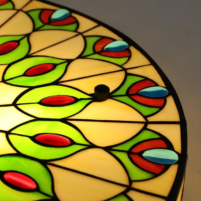 Alt view image 7 of 7 - DNYSYSJ Tiffany Ceiling Lamp,Peacock-Inspired Flush Mount Round Ceiling Light Fixtures, 20-inch Vintage Stained Glass Chandelier with Mother of Pearl,for Living Room/Bedroom/Hallway