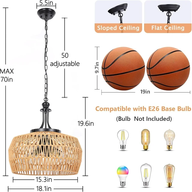 Alt view image 3 of 7 - SOTTAE Rattan Boho Chandeliers for Dining Room,5-Light Adjustable Farmhouse Chandelier Light Fixture with Wicker Lampshade,Boho Hanging Pendant Lighting for Kitchen Island, Bedroom, Living Room