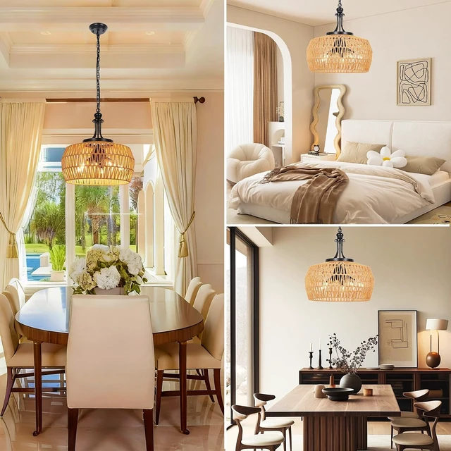 Alt view image 7 of 7 - SOTTAE Rattan Boho Chandeliers for Dining Room,5-Light Adjustable Farmhouse Chandelier Light Fixture with Wicker Lampshade,Boho Hanging Pendant Lighting for Kitchen Island, Bedroom, Living Room