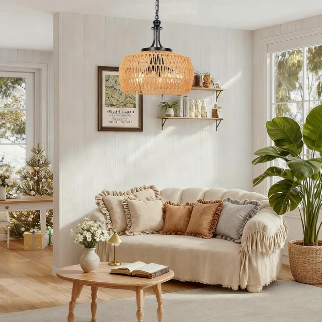 Alt view image 6 of 7 - SOTTAE Rattan Boho Chandeliers for Dining Room,5-Light Adjustable Farmhouse Chandelier Light Fixture with Wicker Lampshade,Boho Hanging Pendant Lighting for Kitchen Island, Bedroom, Living Room