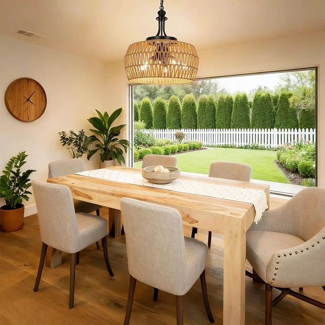 Alt view image 5 of 7 - SOTTAE Rattan Boho Chandeliers for Dining Room,5-Light Adjustable Farmhouse Chandelier Light Fixture with Wicker Lampshade,Boho Hanging Pendant Lighting for Kitchen Island, Bedroom, Living Room
