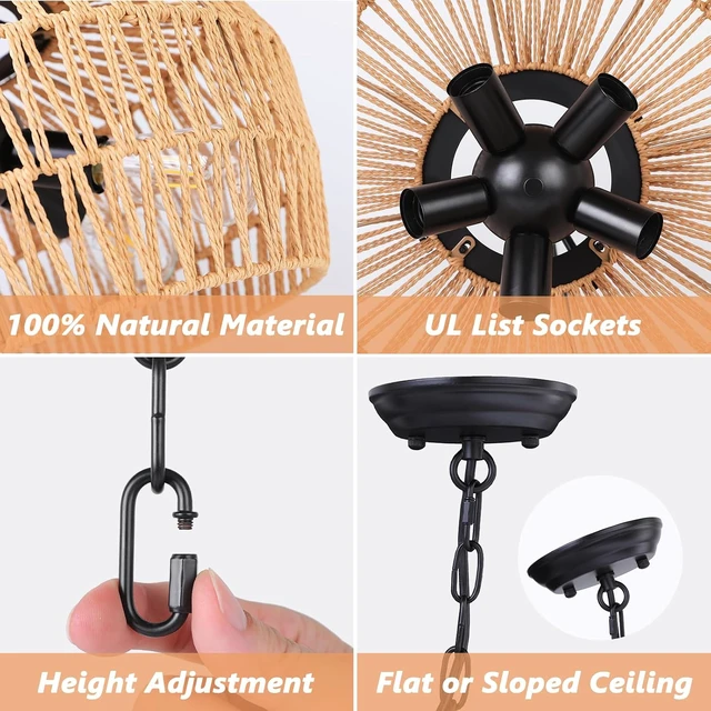 Alt view image 4 of 7 - SOTTAE Rattan Boho Chandeliers for Dining Room,5-Light Adjustable Farmhouse Chandelier Light Fixture with Wicker Lampshade,Boho Hanging Pendant Lighting for Kitchen Island, Bedroom, Living Room