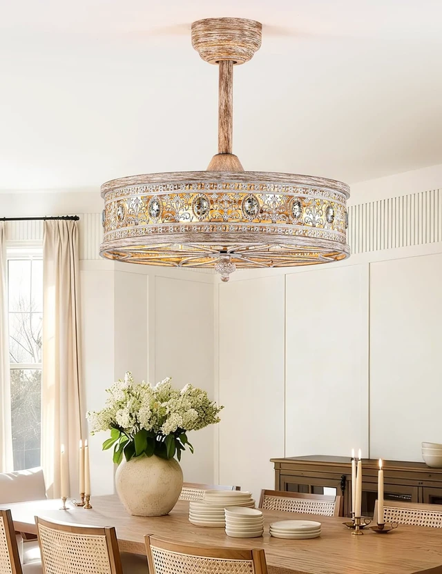 Alt view image 2 of 7 - Farmhouse Chandelier Ceiling Fan with Light, Rustic Cottage Caged Fandelier