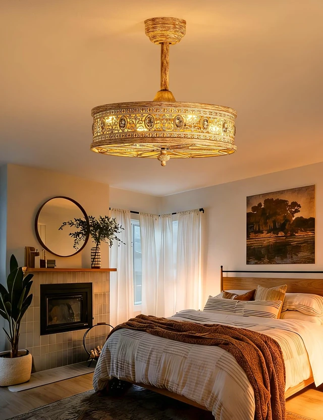 Alt view image 4 of 7 - Farmhouse Chandelier Ceiling Fan with Light, Rustic Cottage Caged Fandelier