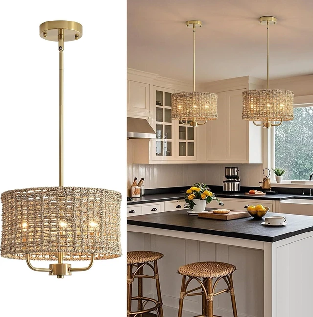 Main image of 12.6" Rattan Chandelier, 3-Light Boho Gold Pendant Light