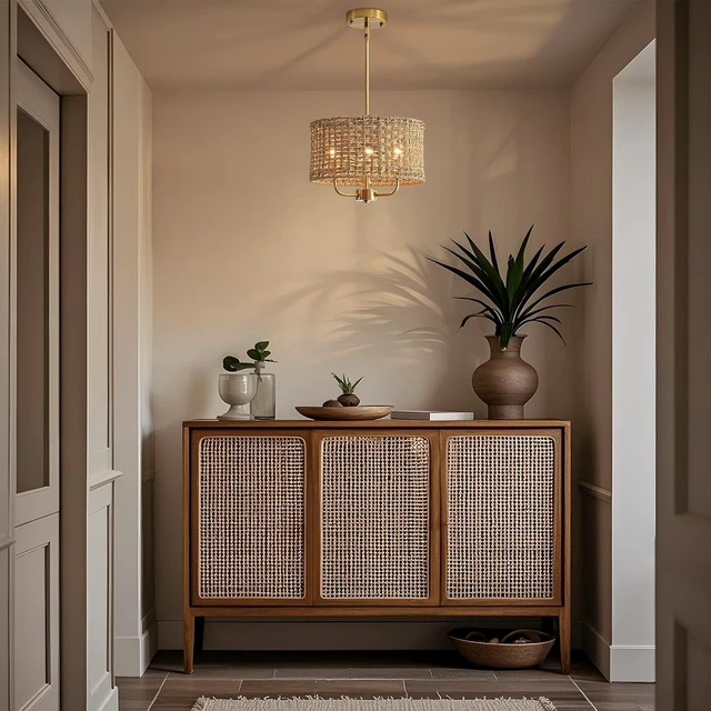 Alt view image 2 of 7 - 12.6" Rattan Chandelier, 3-Light Boho Gold Pendant Light