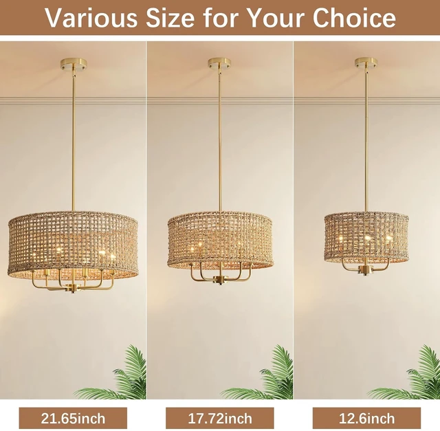 Alt view image 4 of 7 - 12.6" Rattan Chandelier, 3-Light Boho Gold Pendant Light