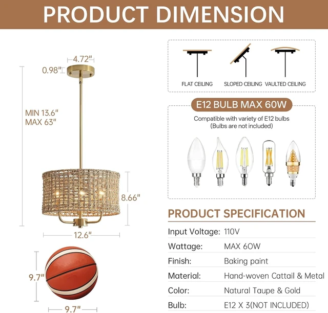 Alt view image 5 of 7 - 12.6" Rattan Chandelier, 3-Light Boho Gold Pendant Light