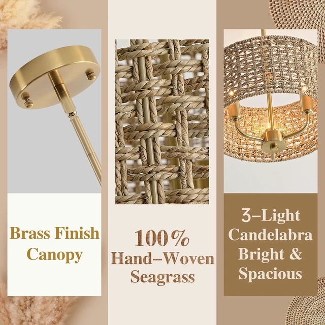 Alt view image 6 of 7 - 12.6" Rattan Chandelier, 3-Light Boho Gold Pendant Light