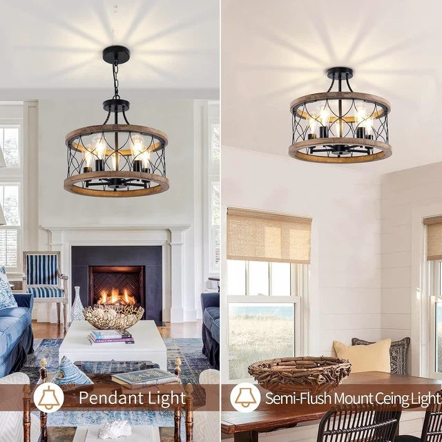 Alt view image 2 of 7 - 5-Light Wood Farmhouse Chandelier for Dining Room,18" Rustic Drum Chandelier Light Fixtures with for Kitchen Island Entryway, Nature Wood Texture and Metal Frame Finished