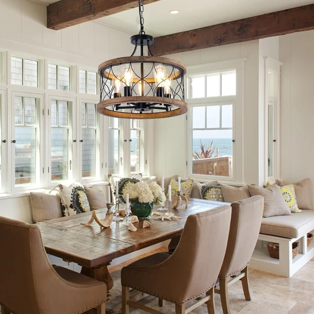 Alt view image 3 of 7 - 5-Light Wood Farmhouse Chandelier for Dining Room,18" Rustic Drum Chandelier Light Fixtures with for Kitchen Island Entryway, Nature Wood Texture and Metal Frame Finished