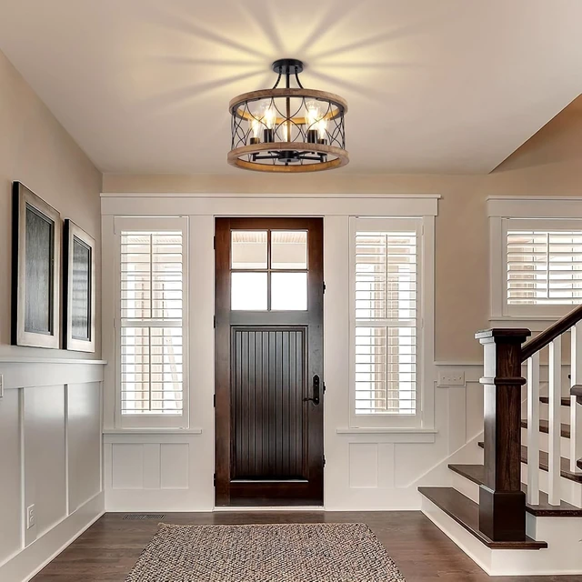 Alt view image 4 of 7 - 5-Light Wood Farmhouse Chandelier for Dining Room,18" Rustic Drum Chandelier Light Fixtures with for Kitchen Island Entryway, Nature Wood Texture and Metal Frame Finished