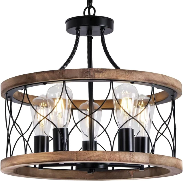 Main image of 5-Light Wood Farmhouse Chandelier for Dining Room,18" Rustic Drum Chandelier Light Fixtures with for Kitchen Island Entryway, Nature Wood Texture and Metal Frame Finished