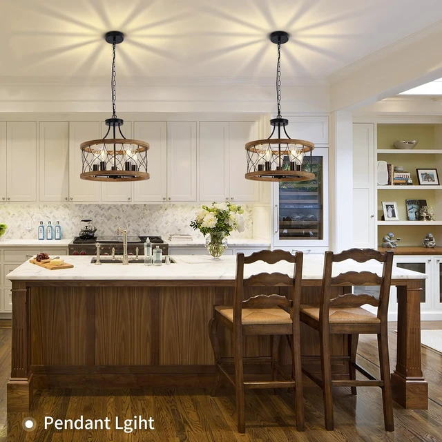 Alt view image 7 of 7 - 5-Light Wood Farmhouse Chandelier for Dining Room,18" Rustic Drum Chandelier Light Fixtures with for Kitchen Island Entryway, Nature Wood Texture and Metal Frame Finished