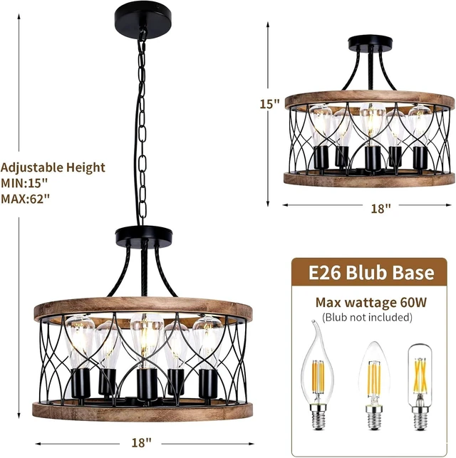 Alt view image 5 of 7 - 5-Light Wood Farmhouse Chandelier for Dining Room,18" Rustic Drum Chandelier Light Fixtures with for Kitchen Island Entryway, Nature Wood Texture and Metal Frame Finished