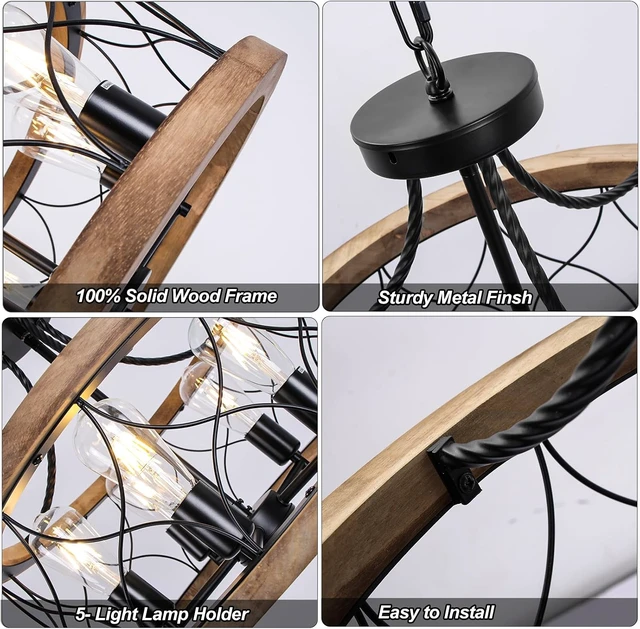 Alt view image 6 of 7 - 5-Light Wood Farmhouse Chandelier for Dining Room,18" Rustic Drum Chandelier Light Fixtures with for Kitchen Island Entryway, Nature Wood Texture and Metal Frame Finished