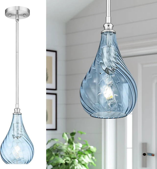 Main image of TENGXIN 6 Inch Mini Hanging Light for Kitchen Island,Kitchen Pendant Lighting Over Island,Brushed Nickel Finished Blue Glass Pendant Light,Farmhouse Pendant Light for Dining Room