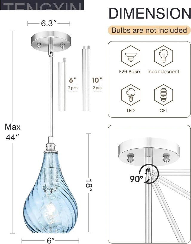 Alt view image 2 of 7 - TENGXIN 6 Inch Mini Hanging Light for Kitchen Island,Kitchen Pendant Lighting Over Island,Brushed Nickel Finished Blue Glass Pendant Light,Farmhouse Pendant Light for Dining Room