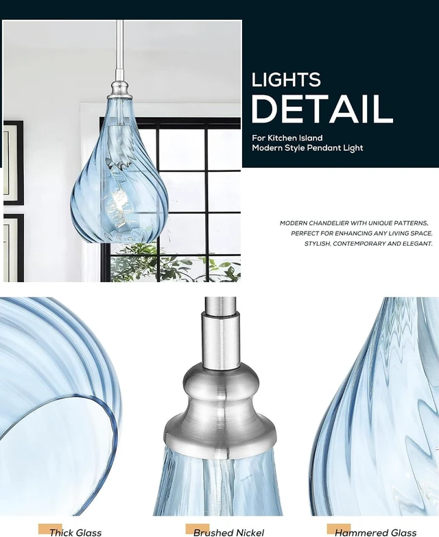 Alt view image 3 of 7 - TENGXIN 6 Inch Mini Hanging Light for Kitchen Island,Kitchen Pendant Lighting Over Island,Brushed Nickel Finished Blue Glass Pendant Light,Farmhouse Pendant Light for Dining Room