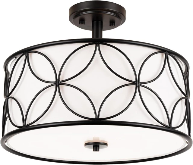 Main image of Edwarmlux 3-Light Semi Flush Mount Ceiling Light, 16" Drum Light with Fabric Shade, Modern Close to Ceiling Lamp for Living Room Bedroom Dining Room Kitchen Hallway Entry Foyer (Black)