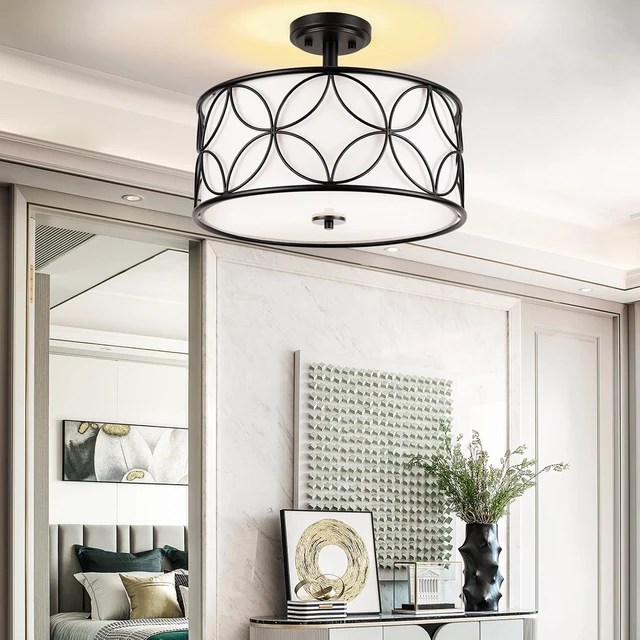 Alt view image 2 of 7 - Edwarmlux 3-Light Semi Flush Mount Ceiling Light, 16" Drum Light with Fabric Shade, Modern Close to Ceiling Lamp for Living Room Bedroom Dining Room Kitchen Hallway Entry Foyer (Black)