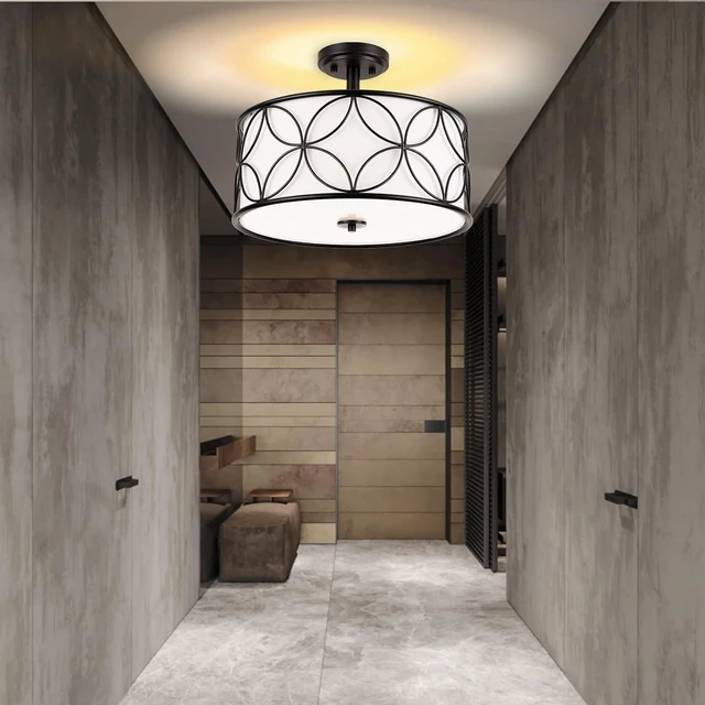 Alt view image 3 of 7 - Edwarmlux 3-Light Semi Flush Mount Ceiling Light, 16" Drum Light with Fabric Shade, Modern Close to Ceiling Lamp for Living Room Bedroom Dining Room Kitchen Hallway Entry Foyer (Black)