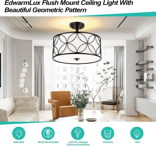 Alt view image 4 of 7 - Edwarmlux 3-Light Semi Flush Mount Ceiling Light, 16" Drum Light with Fabric Shade, Modern Close to Ceiling Lamp for Living Room Bedroom Dining Room Kitchen Hallway Entry Foyer (Black)