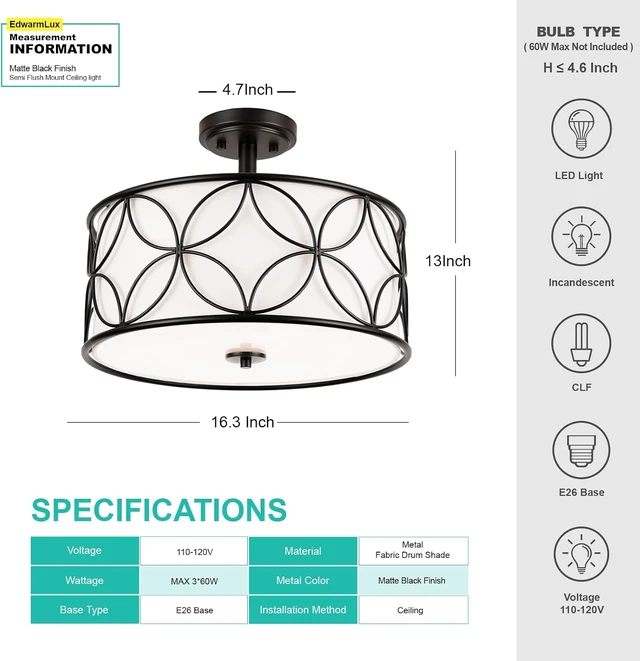 Alt view image 5 of 7 - Edwarmlux 3-Light Semi Flush Mount Ceiling Light, 16" Drum Light with Fabric Shade, Modern Close to Ceiling Lamp for Living Room Bedroom Dining Room Kitchen Hallway Entry Foyer (Black)