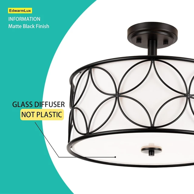 Alt view image 7 of 7 - Edwarmlux 3-Light Semi Flush Mount Ceiling Light, 16" Drum Light with Fabric Shade, Modern Close to Ceiling Lamp for Living Room Bedroom Dining Room Kitchen Hallway Entry Foyer (Black)