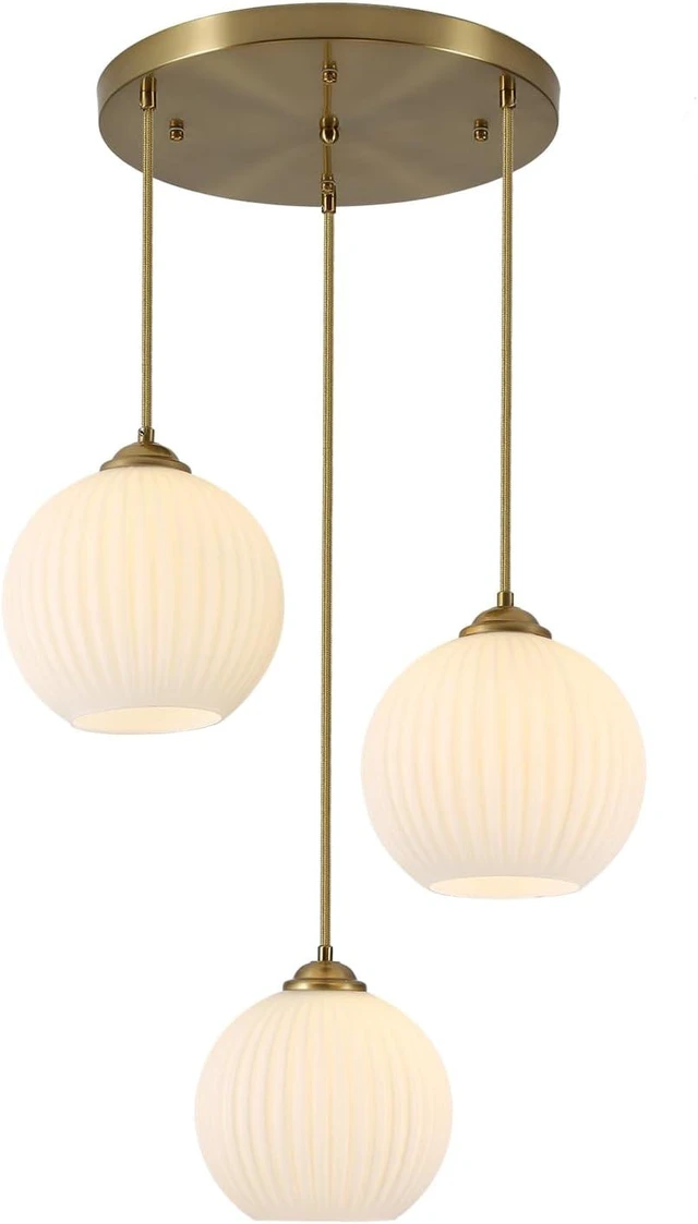 Main image of KCO Brushed Gold 3-Light Ribbed White Milk Glass Globe Cluster Chandelier