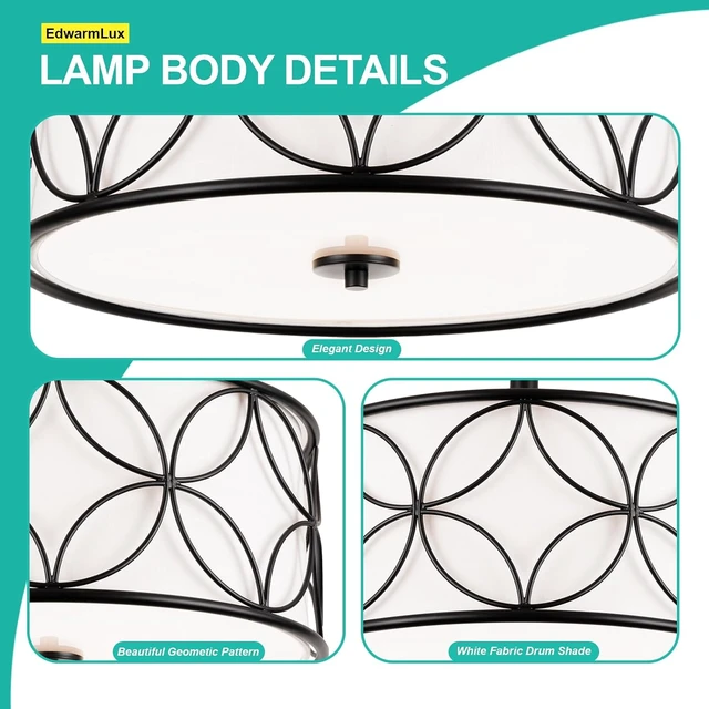 Alt view image 6 of 7 - Edwarmlux 3-Light Semi Flush Mount Ceiling Light, 16" Drum Light with Fabric Shade, Modern Close to Ceiling Lamp for Living Room Bedroom Dining Room Kitchen Hallway Entry Foyer (Black)
