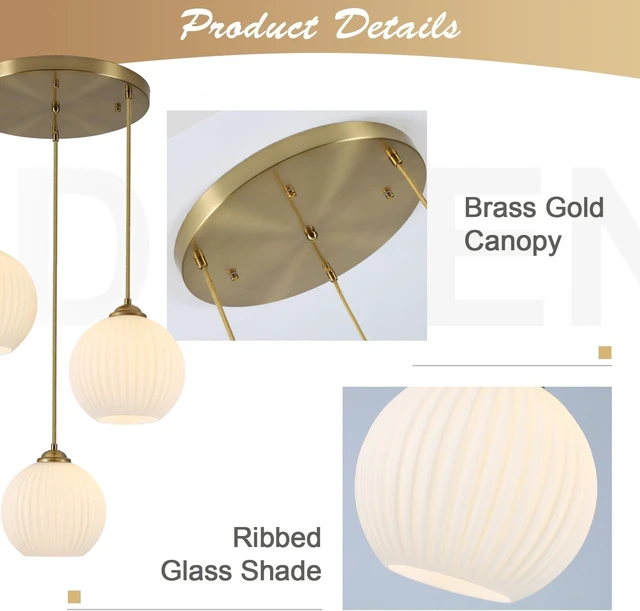 Alt view image 3 of 7 - KCO Brushed Gold 3-Light Ribbed White Milk Glass Globe Cluster Chandelier