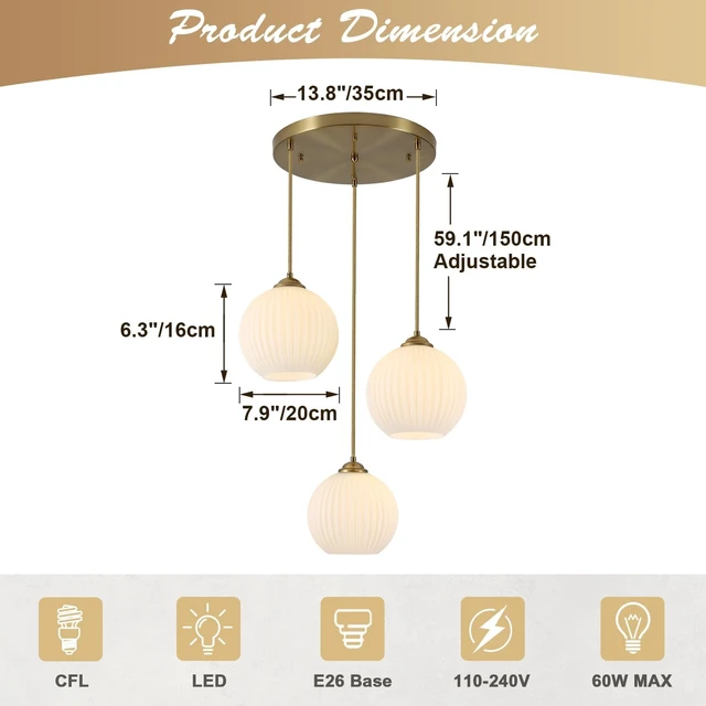 Alt view image 2 of 7 - KCO Brushed Gold 3-Light Ribbed White Milk Glass Globe Cluster Chandelier