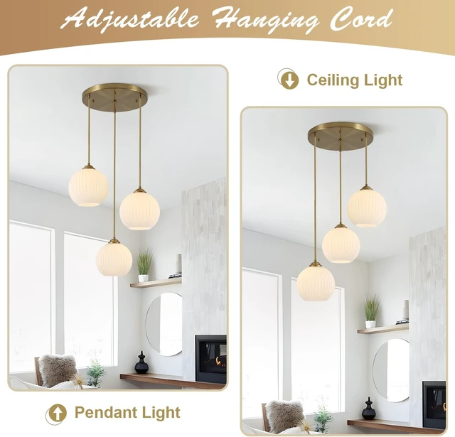 Alt view image 5 of 7 - KCO Brushed Gold 3-Light Ribbed White Milk Glass Globe Cluster Chandelier