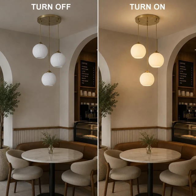 Alt view image 4 of 7 - KCO Brushed Gold 3-Light Ribbed White Milk Glass Globe Cluster Chandelier