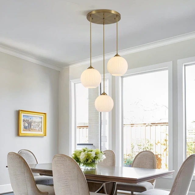 Alt view image 6 of 7 - KCO Brushed Gold 3-Light Ribbed White Milk Glass Globe Cluster Chandelier