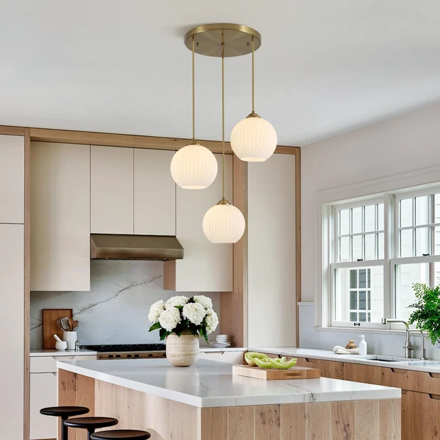 Alt view image 7 of 7 - KCO Brushed Gold 3-Light Ribbed White Milk Glass Globe Cluster Chandelier
