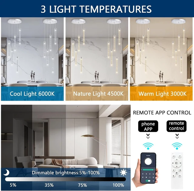 Alt view image 3 of 7 - 5-Lights Modern Crystal Chandelier for Dining Room LED Pendant Lights Kitchen Island Lighting Dimmable Ceiling Hanging 3000K-6000K