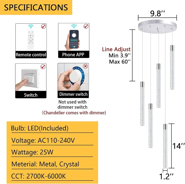 Alt view image 2 of 7 - 5-Lights Modern Crystal Chandelier for Dining Room LED Pendant Lights Kitchen Island Lighting Dimmable Ceiling Hanging 3000K-6000K